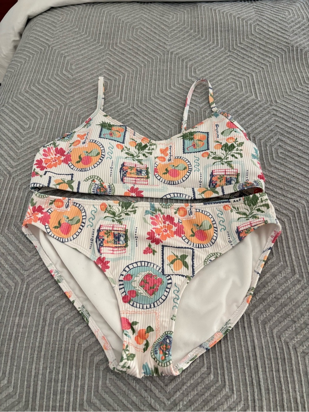 abercrombie kids White Floral & Peach Fruit Ribbed Two-Piece Swim Set